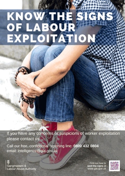Young woman sitting on step with arms wrapped round her knees text reads Know the signs of labour exploitation