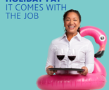 Government holiday pay campaign woman wearing pink flamingo rubber ring