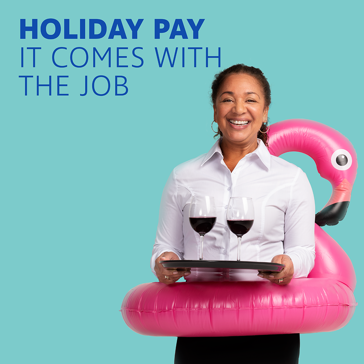Woman holding tray of drinks wearing pink flamingo swimming aid.