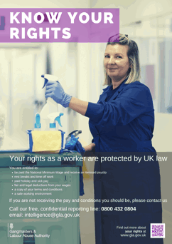 Know your rights poster, woman with cleaning products on trolley