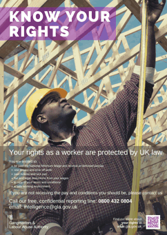 Know your rights poster, construction worker on building site measuring roof joists