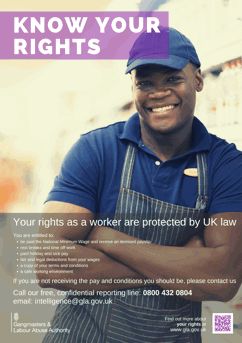 Know your rights poster, male shop worker leaning against milk display