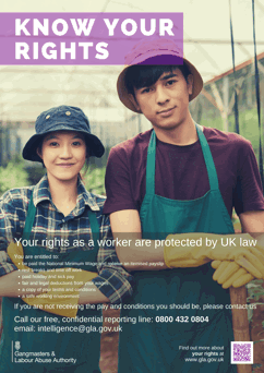 Know your rights poster, male and female horticulture workers in poly tunnel with spades