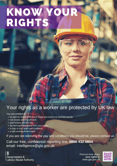 Know your rights poster, female worker in warehouse