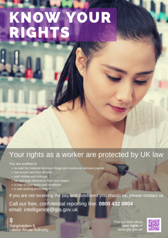 Know your rights poster, female worker painting customer's nails in salon