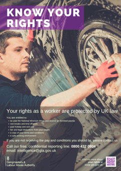 Know your rights poster, male worker washing car wheel