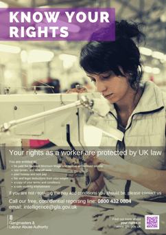 Know your rights poster, female worker using sewing machine