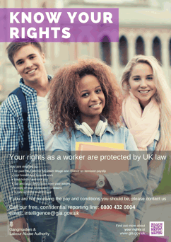 Know your rights poster, three students smiling at camera