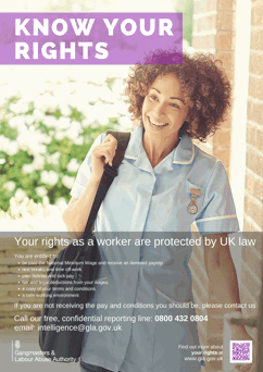 Know your rights poster, female care worker outside home