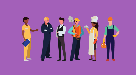 Group of workers on purple background