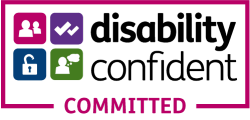 rectangle with red outline inside on the left are four icons two people, two ticks, an unlocked padlock and a person thinking text reads disability confident committed