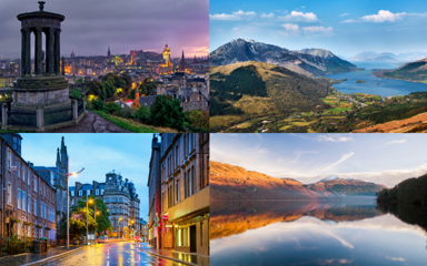 Images of Scotland clockwise from top left Edinburgh Glencoe village and Lock Leven Loch Lomond a street in Dundee