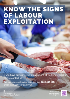 Gloved hand holding raw meat while ungloved hand cuts it with knife Know the signs of labour exploitation
